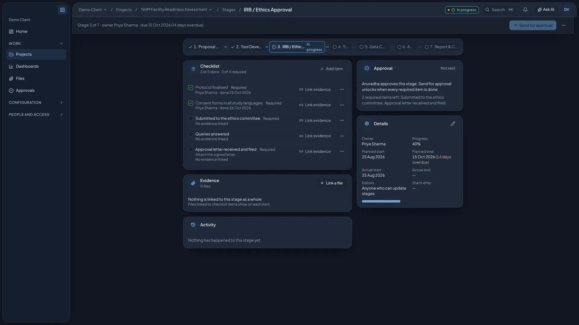 MAIRA ethics stage with checklist and approval locked until required items are done